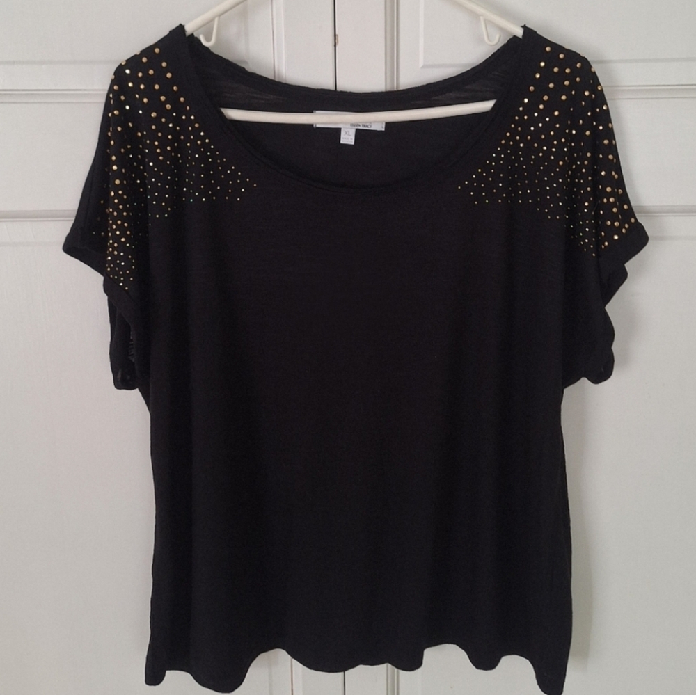 Ellen Tracy Company "Black Magic" gold tone studded short sleeved top